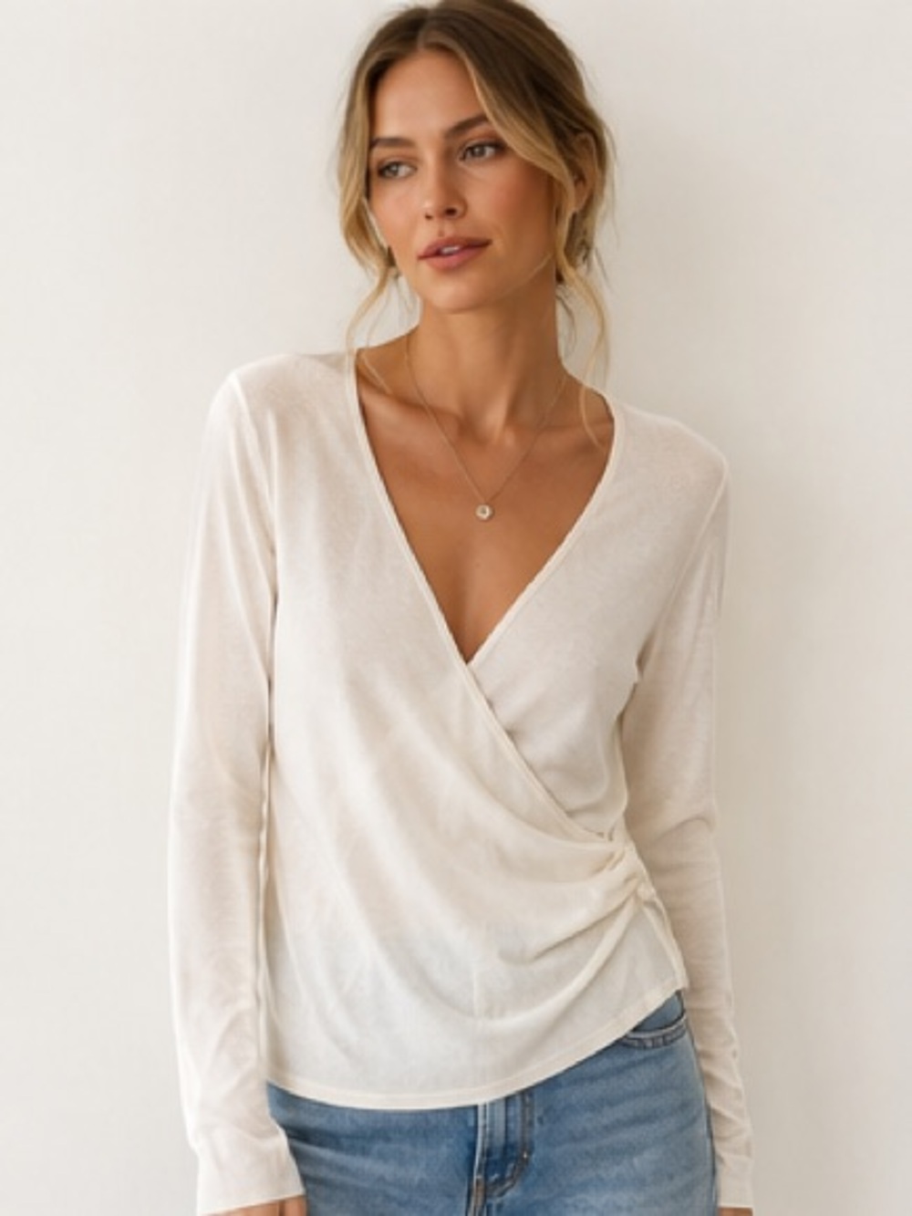 Dynamite lightweight knit faux wrap cozy cream white top flattering fit S